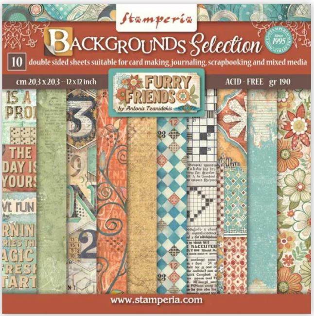 Stamperia Furry Friends 12x12 Inch Paper Pack BACKGROUNDS