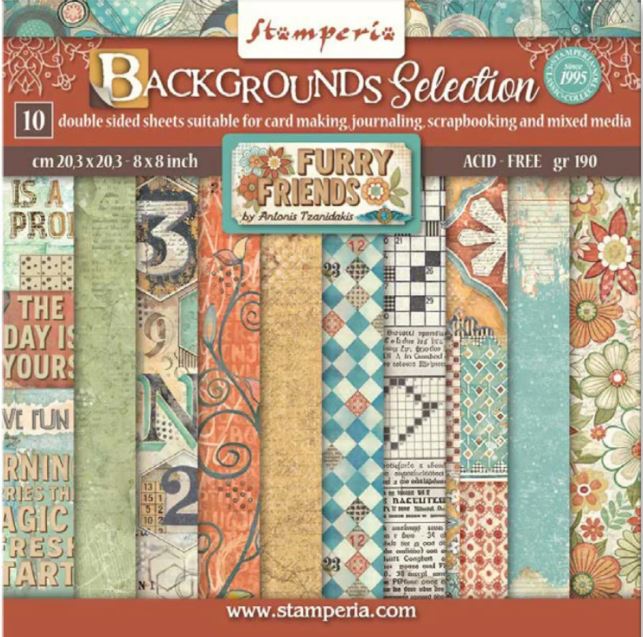 Stamperia Furry Friends 8x8 Inch Paper Pack BACKGROUNDS