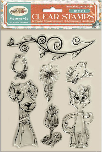 Stamperia Furry Friends Clear Stamp Dog, Cat and Flowers (WTK228) 