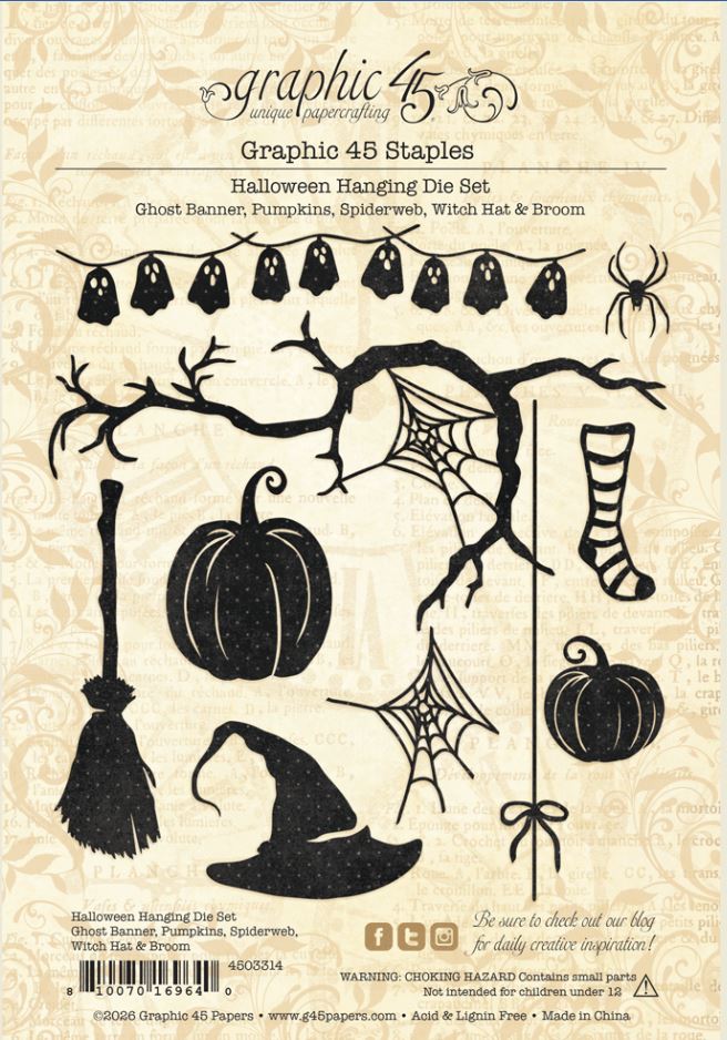 Graphic 45 Halloween Hanging Die Set Ghost Banner, Pumpkins, Spiderweb, Witch Hat & Broom (4503314)