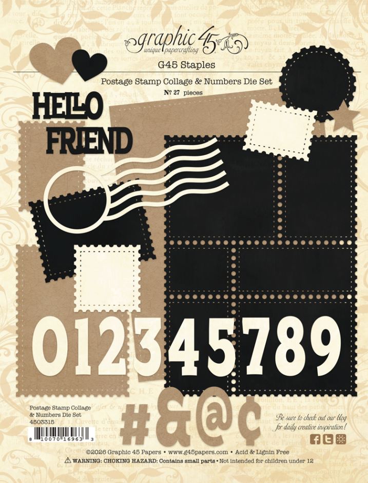 Graphic 45 Postage Stamp Collage & Numbers Die Set  (4503315)