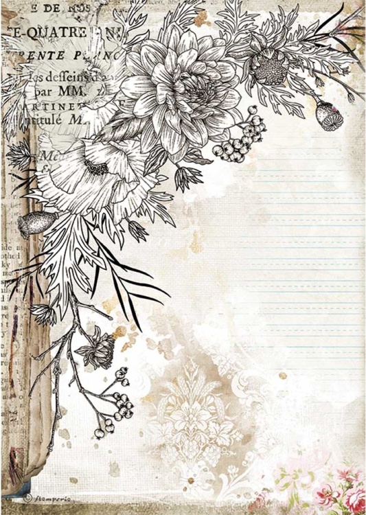 Stamperia A4 Rice Paper -  Romantic Journal Stylised Flower (DFSA4553)