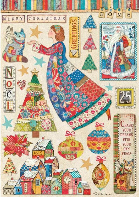 Stamperia A4 Rice Paper - Christmas Patchwork Elements  (DFSA4587)
