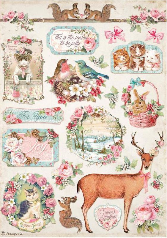 Stamperia A4 Rice Paper - Pink Christmas Deer  (DFSA4628)