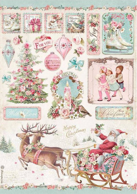 Stamperia A4 Rice Paper - Pink Christmas Sleigh  (DFSA4628)