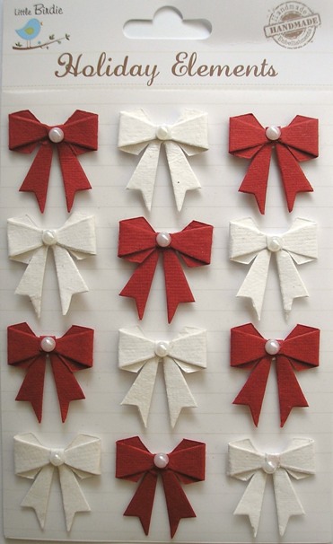 Little Birdie - Paper Christmas Bows w/Pearl - White & Red (1041)