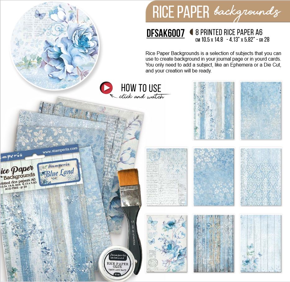 Stamperia Blue Land A6 Rice Paper Backgrounds (8pcs) (DFSAK6007)