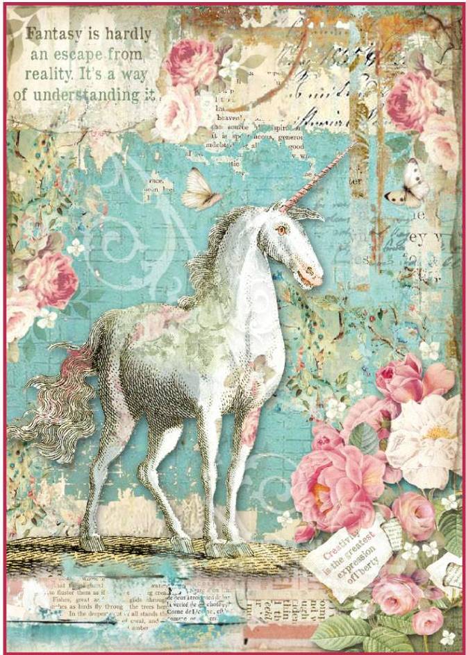 Stamperia Rice Paper A4 - Wonderland Unicorn (DFSA4271)
