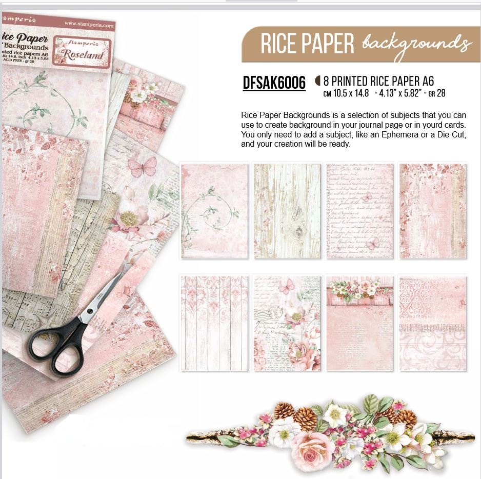 Stamperia Roseland A6 Rice Paper Backgrounds (8pcs) (DFSAK6006)