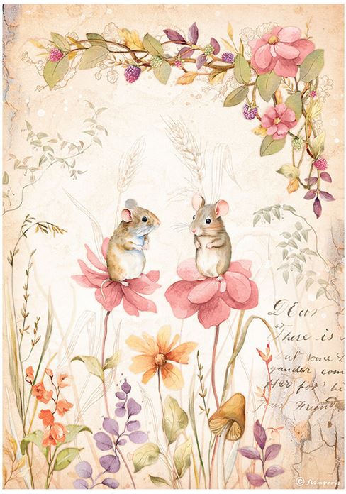 Woodland A4 Rice Paper Woodland Mice and Flowers (DFSA4815)